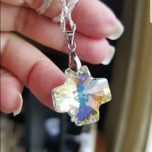Swarovski Elements 925 Sterling Silver Aurora Borealis Cross Necklace NWT